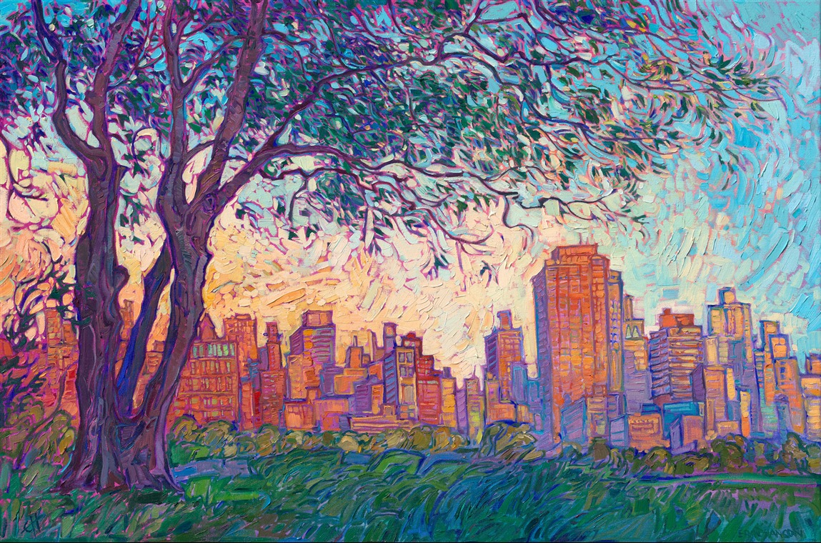 Erin Hanson paints New York City from Central Park, original oil painting cityscape for sale.