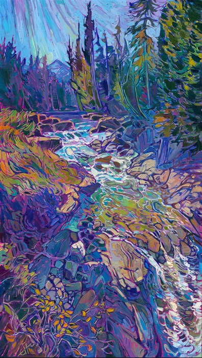 Norwegian artwork painting of waterfall and pine trees, by famous impressionist painter Erin Hanson