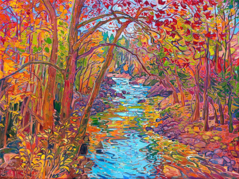 Colorful impressionist painting of autumn colors and fall leaves above a reflecting stream of water. Original artwork and 3D Textured Replicas available for sale by Erin Hanson. 