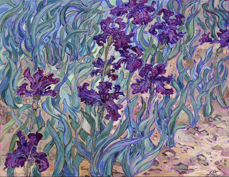 Purple iris post-impressionism oil painting by Erin Hanson.