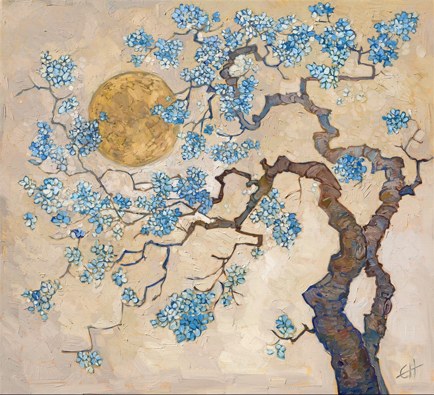 Sakura japanese oil painting of cherry blossoms by Erin Hanson, the creator of Open Impressionism. Prints and textured replicas are available for purchse.
