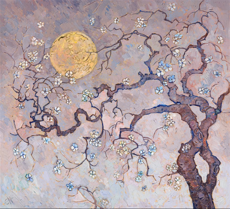 Abstract landscape painting of Japanese sakura flowers cherry blossoms by Erin Hanson, painted on 24kt gold leaf.