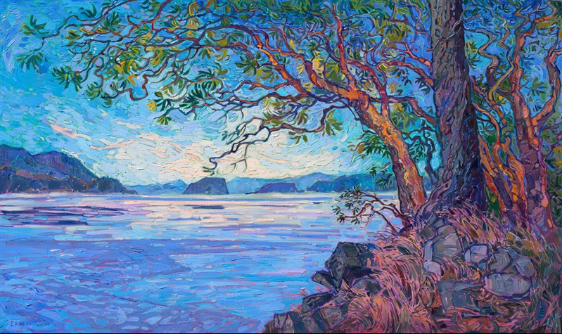 San Juan islands painting of madrone trees in a colorful, impressionist painting style. Northwestern landscape oil paintings for sale at The Erin Hanson Gallery.