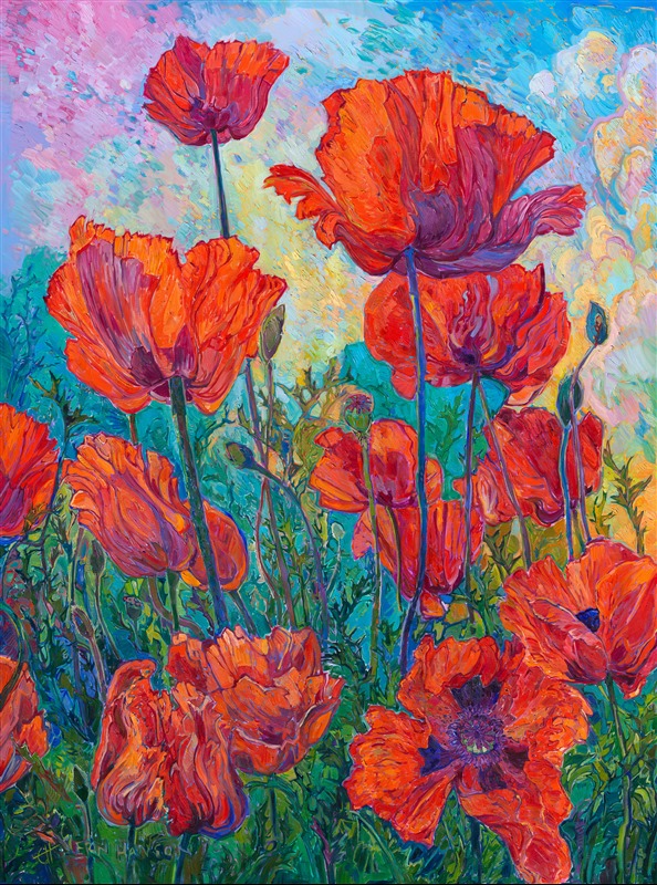 Oversized large oil painting of red poppies - modern impressionism painting with emotional impact, in Erin Hanson's iconic Open Impressionism style.