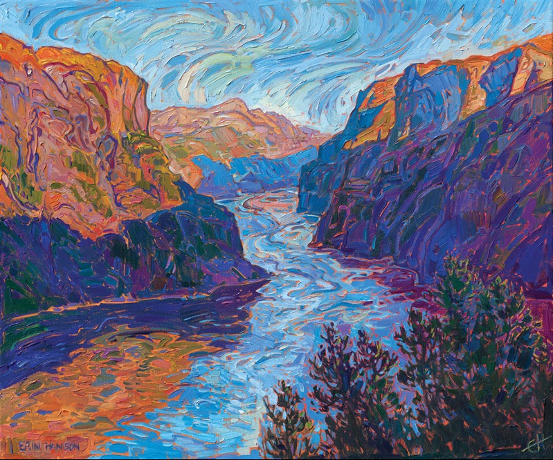 Painting of Norway Stegastein vista view point, in a modern landscape colorful European painting for sale by Erin Hanson.