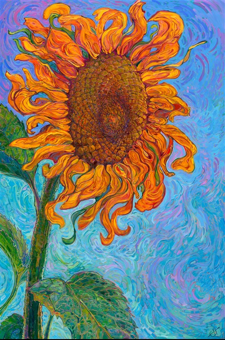 Erin Hanson's largest painting on a single sunflower, created in a modern impressionism style after van Gogh.
