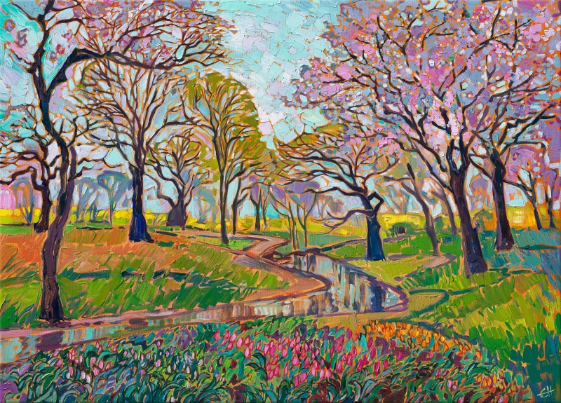 Japan garden filled with blooming cherry trees and tulip beds. Original oil painting and 3D Textured Replicas for sale from The Erin Hanson Gallery in McMinnville, Oregon.