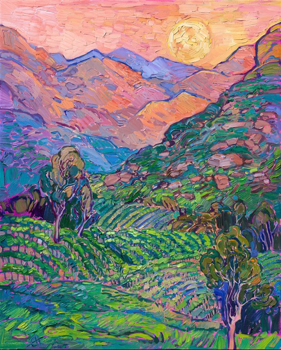 Painting of California vineyards and moon.