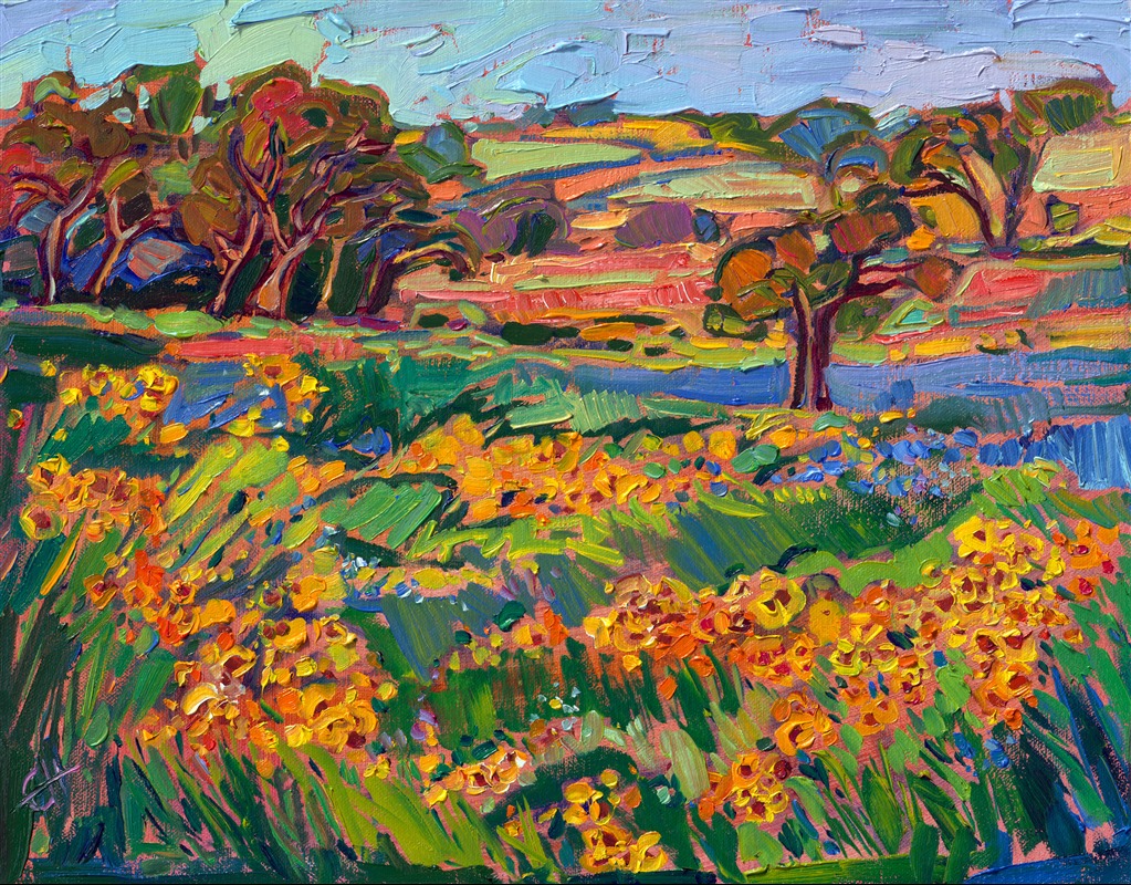 Small oil painting of wildflowers blooming in Texas Hill Country. This petite painting by American impressionist Erin Hanson will bring color and light to your home. Prints and textured reproductions available for purchase.