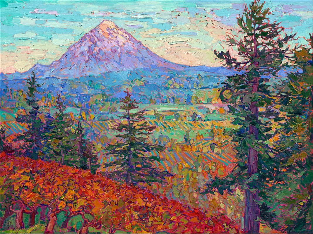 Willamette Valley wine country landscape scenery in a colorful oil painting by impressionist painter Erin Hanson.