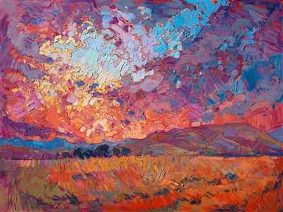 Vivid colorful, contemporary impressionism oil painting in a modern style, after Van Gogh. Painting Burning Sun
