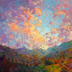 Modern impressionist oil painting of an abstract landscape, available for purchase online by Erin Hanson. Painting New Dawn