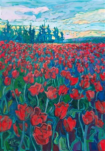 Woodburn Tulip Festival original oil painting for sale by contemporary Northwest impressionist Erin Hanson. Painting Cadmium Tulips