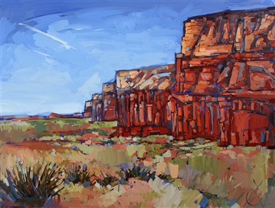 Abstract, geometric shapes form this bold oil painting of Utah, by Erin Hanson. Painting Utah Buttes