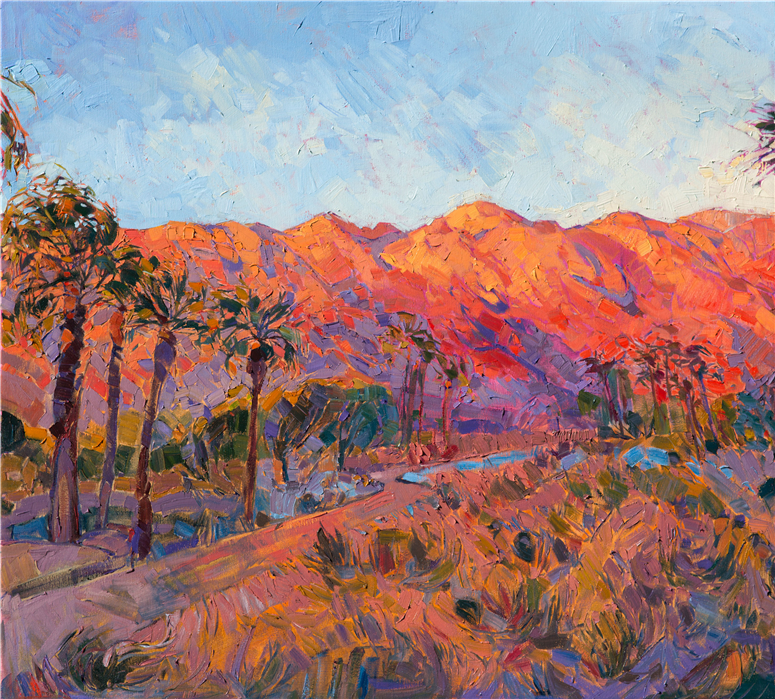 Triptych panel La Quinta palm trees landscape painting by Erin Hanson