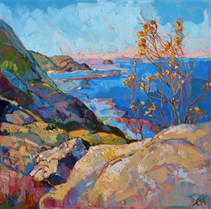 Iconic California painting inspired by Big Sur, by Erin Hanson Painting Coastal Blooms