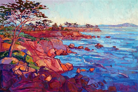 Monterey dramatic and emotional oil painting in alla prima, impasto technique, by Erin Hanson Painting Layers of Monterey