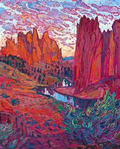 Smith Rock, Oregon, original oil painting for sale by modern impressionist Erin Hanson Painting Smith Rock II