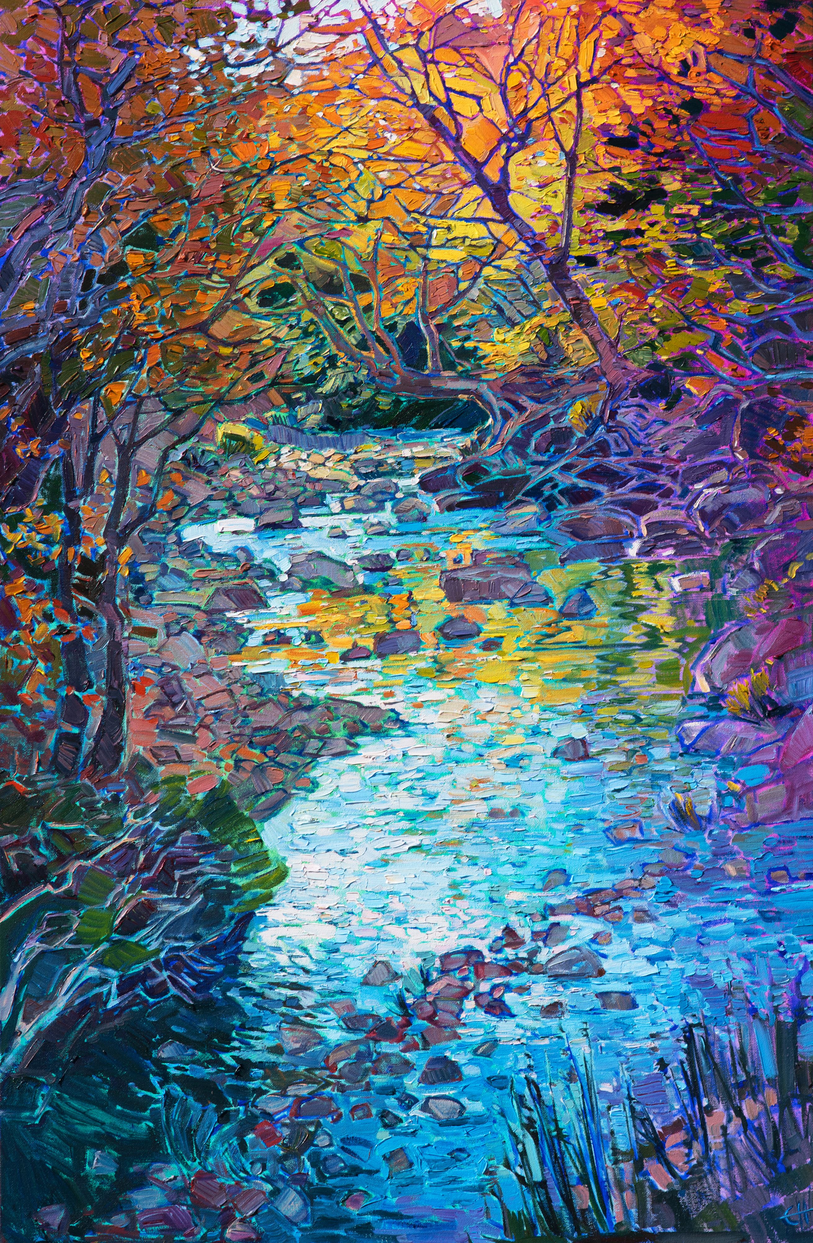 What is Open Impressionism? Erin Hanson is the creator of the painting style &quot;Open Impressionism,&quot; which is taught in art schools and colleges worldwide. Erin&#39;s work has been compared to a modern-day blend of Monet and van Gogh. Hanson spent twenty years developing the unique techniques of Open Impressionism. Unlike traditional oil painters, Hanson does not build up the painting layer by layer; instead, she lays thickly textured paint strokes side by side without overlapping and works to get each stroke &quot;right the first time.&quot; The clean brush strokes give her paintings a mosaic or stained-glass appearance, while also conveying a sense of movement and spontaneity. She uses a limited palette of only five pigments to create vivid, un-muddied colors that ignite the imagination. Open Impressionism continues the work of the Impressionists and Post-Impressionists into the contemporary art world. The purpose of each painting is to capture the fleeting and momentary light seen out of doors, especially during early dawn and sunset. Like other impressionist painters, Hanson&#39;s work appears more abstract when viewed up close and &quot;goes into focus&quot; when seen from a distance. 